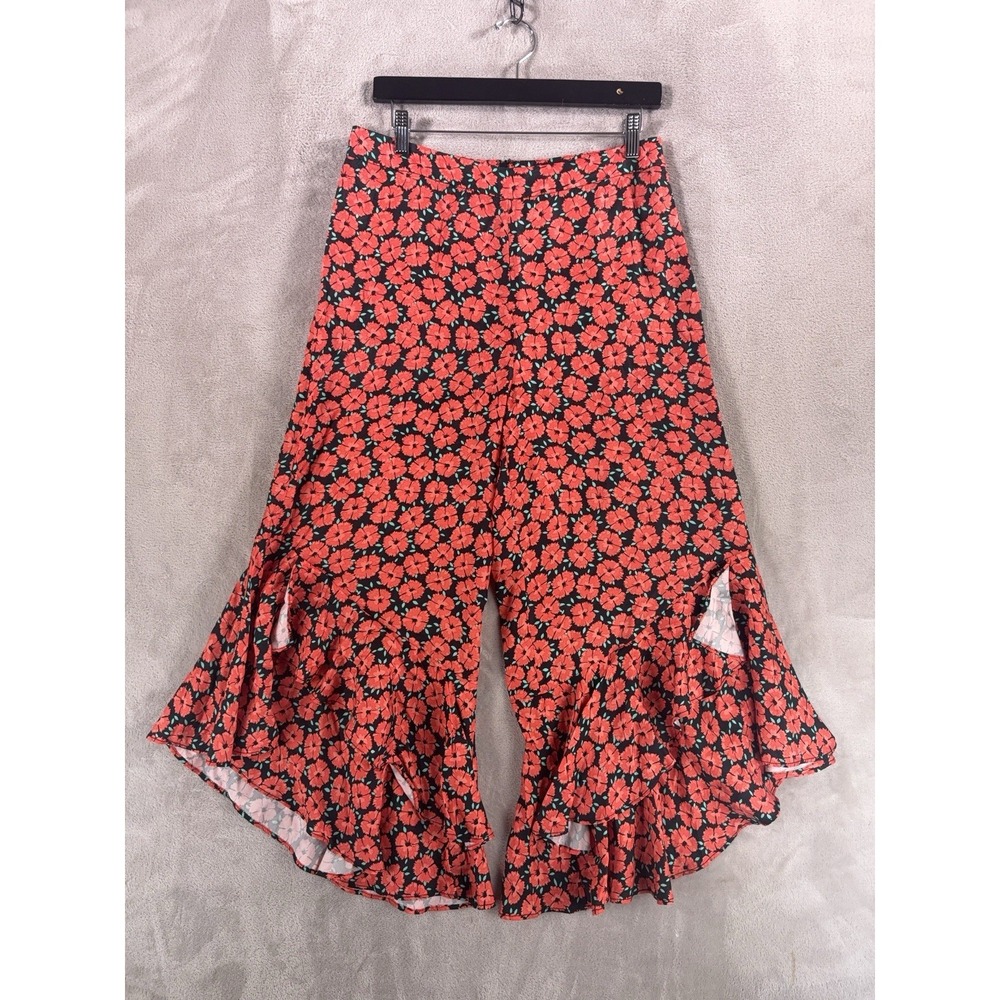 Anthropologie Ruffle Hem Wide Leg Pants Womens Size 6 Multicolor Floral Boho